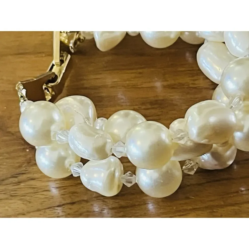 Vintage Karla Jordan Bracelet Beaded Faux Pearl Signed Statement 6.75” Gold Tone